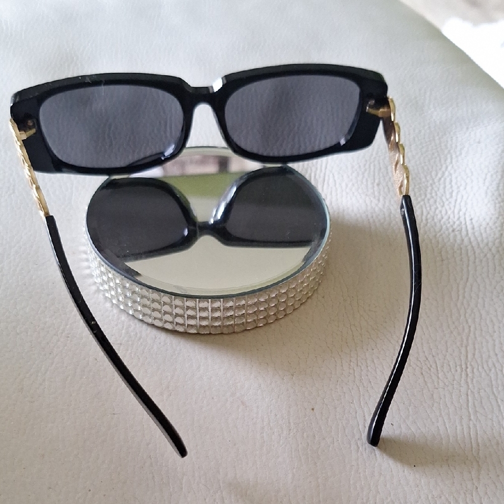 Black Rectangular Women's Sunglasses with Gold Ac… - image 3